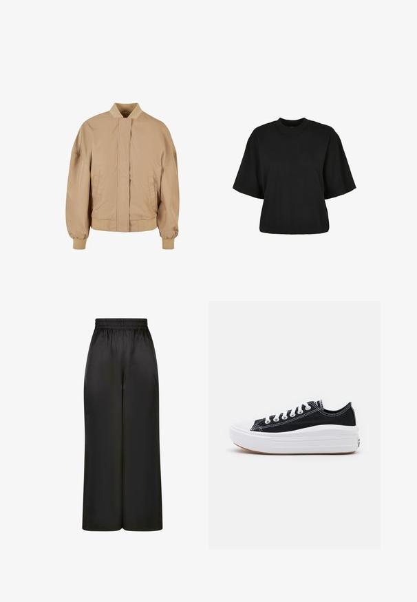 Bež bomber-jakk, millel on püsti seisev kaelus, ees lukuga, külgede taskud, soonikkoes mansetid ja alumine äär. Sile, kerge kangatekstuuri.; Must terav t-särk, mis on valmistatud puuvillast. Omab lühikesi varrukaid ja ümmargust kaelust. Sile tekstuur ja lihtne disain, ilma täiendavate mustriteta.; Mustad laiad püksid, mis on valmistatud siledast, läikivast kangast, millel on elastne vöökoht ja ilma nähtavate taskute või riistvara detailideta.; Mustad mustad kingad valgete paeltega, valge kummist varbakattega ja paksu valge vaheosaga. Omab diskreetset valget õmblust ja kummi talla.