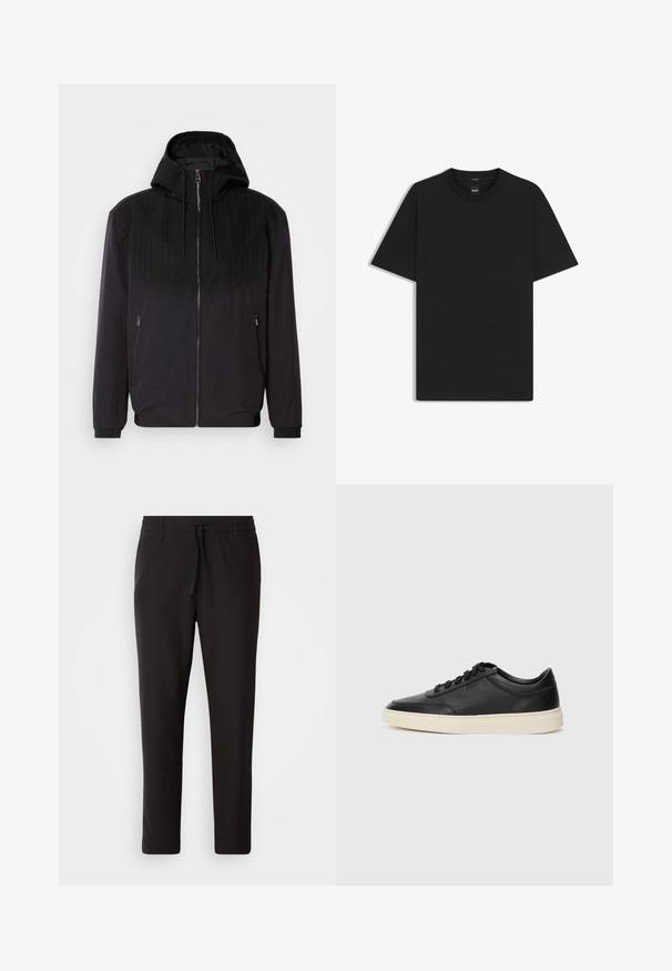 Black zip-up jacket with a hood, featuring a textured upper panel with pinstripes, elastic cuffs, and two side zippered pockets.; Black short-sleeve T-shirt made from a smooth cotton blend, featuring a crew neckline and a minimalistic design with no patterns or accents.; Black jogger pants made of smooth fabric. Feature an elastic waistband with a drawstring, tapered legs, and no visible pockets. Simple design.; Black low-top leather sneaker with black laces and off-white sole shown in side profile on white background.