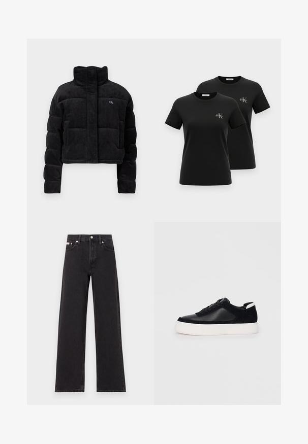 Čierna kordúrová skrátená puffová bunda s vysokým golierom, predným zapínaním a logom na hrudi. Polstrovaná pre extra teplo.; Dve čierne tričká s krátkym rukávom a okrúhlym výstrihom, na ľavej strane na hrudi malý sivý nápis „CK Calvin Klein“, zobrazené na bielom pozadí.; Čierne široké džínsy vyrobené z denimu, s vysokým pásom, piatimi vreckami a kovovým zapínaním s kontrastným šitím.; Čierne tenisky s hladkou kožou a semišovými panelmi, plochými šnúrkami, zaoblenou špičkou a bielou gumovou podrážkou. Výrazné logo na päte.
