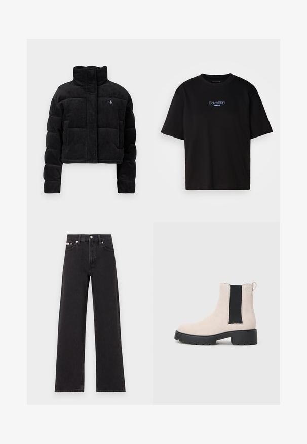Mustmustest mustrakk jack, millel on kõrge kaelus, esine sulgemine ja logo detail rinnal. Polsterdatud lisasooja saamiseks.; Mustmust särk ümmarguse kaelusega, lühikeste varrukatega ja sinise tikandiga "Calvin Klein JEANS" logo ees.; Mustad laiad mustad teksad, millel on kõrge vöökoht, viie tasku stiil ja metallist nööpkinnitus kontrastsete õmblustega.; Beez suède Chelsea saapad mustade venituspaneelidega, turske musta põhjaga ja käepidemega pahkluul.
