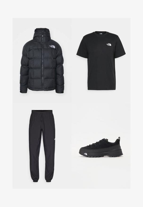 Schwarze Daunenjacke mit Reißverschluss, hohem Kragen und gestepptem Design. Logo-Akzent auf der oberen linken Brust. Weicher, gepolsterter Stoff.; Schwarzes Baumwoll-T-Shirt mit kurzen Ärmeln, Rundhalsausschnitt und einem kleinen weißen Logo auf der linken Brust. Schlichtes Design, glatte Textur und lockere Passform.; Schwarze Sporthosen aus leichtem Stoff, mit einem Kordelzugbund, seitlichen Taschen und schmal zulaufenden Bündchen an den Knöcheln.; Schwarzer Outdoorsneaker mit einem Obermaterial aus Wildleder, strukturierter Gummisohle und robustem Schnürsystem. Verfügt über eine verstärkte Ferse und das Markenlogo an der Seite.