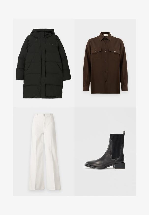 Sort pufferjakke med hætte, med lige snit, frontlommer og en glat tekstur. Prægede logo på brystet.; Mørkebrun langærmet skjorte med knaplukning, to brystlommer med klap og en klassisk krave, præsenteret mod en helt hvid baggrund.; Hvide vidde bukser lavet af bomuld med en glat tekstur. Har en frontknap, lynlås, og fire-lomme design.; Sort læder ankelstøvle med ribbet sort elastikpanel, firkantet tå og lav blokhæl. Glat tekstur med minimale syninger.