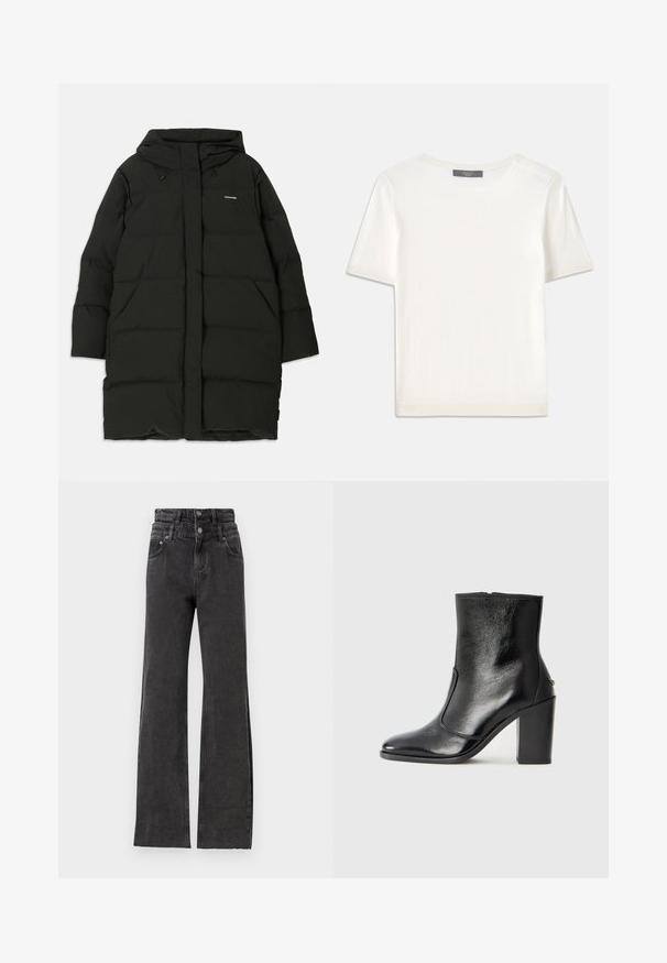 Geacă puffer neagră cu glugă, având o croială dreaptă, buzunare frontale și o textură fină. Logo embosat pe piept.; Top tricotat alb cu mânecă scurtă, cu decolteu rotund, având o textură netedă și accente subtile cu nervuri la mâneci și la margine.; Jeans negre cu talie înaltă, cu un design drept al piciorului, detalii ușor uzate și un sistem de închidere cu buton metalic la talie.; Botină din piele neagră, cu o textură netedă, vârf ascuțit și toc gros, înalt. Dispune de o deschidere laterală și un design minimalist.