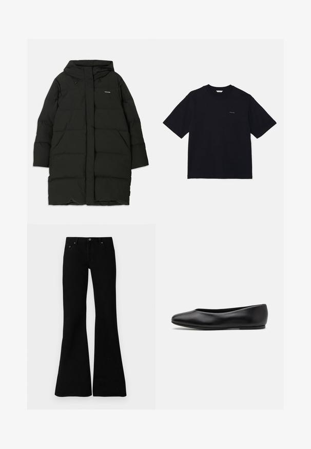 Casaco puffer preto com capuz, apresentando um corte reto, bolsos frontais e uma textura suave. Logotipo em relevo no peito.; T-shirt preta de manga curta, feita de algodão, com decote redondo e um pequeno logótipo no lado esquerdo do peito. Textura suave e corte descontraído.; Saias de ganga pretas, estilo flare, com um design clássico de cinco bolsos, fecho de botão e detalhes de costura sutis ao longo das costuras.; Paul Smith TOPANGA - Sabrinas - black