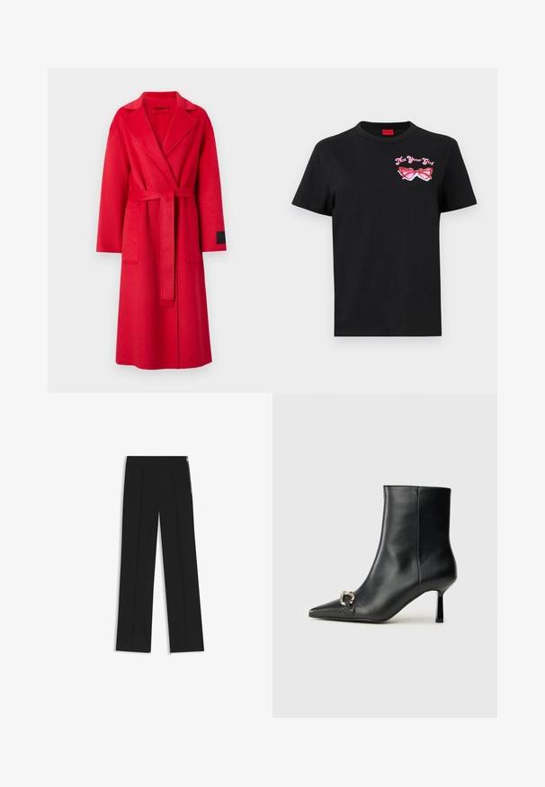 Cappotto avvolgente rosso in lana con revers, maniche lunghe, una cintura coordinata e due tasche frontali. Presenta un'etichetta nera sulla manica.; T-shirt in cotone nero con maniche corte, caratterizzato da una grafica rosa di occhiali da sole e la scritta "Non tua ragazza" sulla parte sinistra del petto.; Pantaloni neri a gamba larga con due pieghe frontali, vita elasticizzata e zip laterali per dettagli. Texture liscia e design minimalista.; Stivale alla caviglia in pelle nera con punta affusolata, tacco sottile di media altezza e dettaglio in fibbia argentata sul lato, su sfondo semplice.