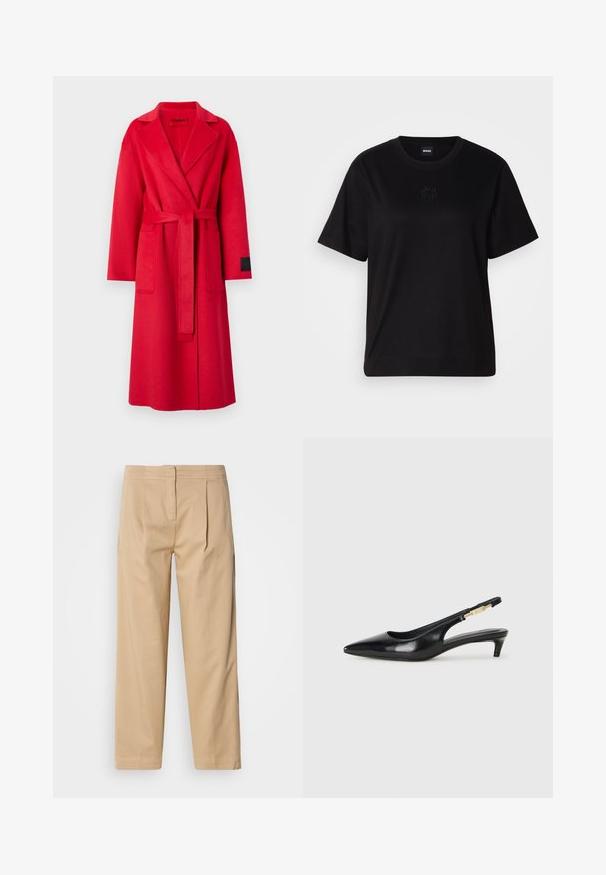 Červený vlnený kabát s výstrihom do "V", dlhými rukávmi, zodpovedajúcim opaskom a dvoma prednými vreckami. Na rukáve je čierny štítok.; Čierne bavlnené tričko s okrúhlym výstrihom, krátkymi rukávmi a vyšívaným logom na hrudi. Jednoduchý, voľný strih bez vzorov.; Béžové bavlnené nohavice s voľným strihom, so zvýraznenými dvoma prednými záhybmi, rovnou nohavicou a klasickým gombíkovým zapínaním v páse.; Čierne kožené slingback opätky s špicatou špičkou, s úzkym opätkom a zlatým detailom na nastaviteľnom remienku. Hladká textúra.