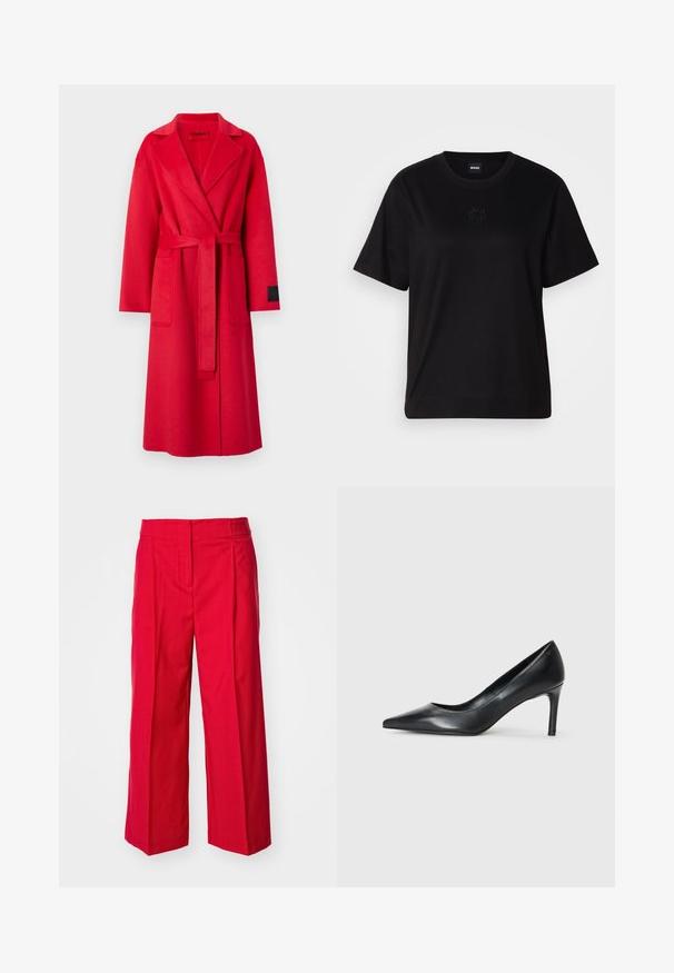 Manteau enveloppant rouge en laine avec un col cranté, des manches longues, une ceinture assortie et deux poches avant. Présente une étiquette noire sur la manche.; T-shirt en coton noir avec un col rond, des manches courtes et un logo brodé sur la poitrine. Coupe simple et décontractée sans motifs.; Pantalons larges rouges en tissu léger, dotés d'une taille haute et de plis avant, avec une texture lisse et des plis marqués.; Escarpin noir en cuir à bout pointu avec un talon fin, texture lisse et sans embellissements visibles. Design épuré avec une esthétique minimaliste.