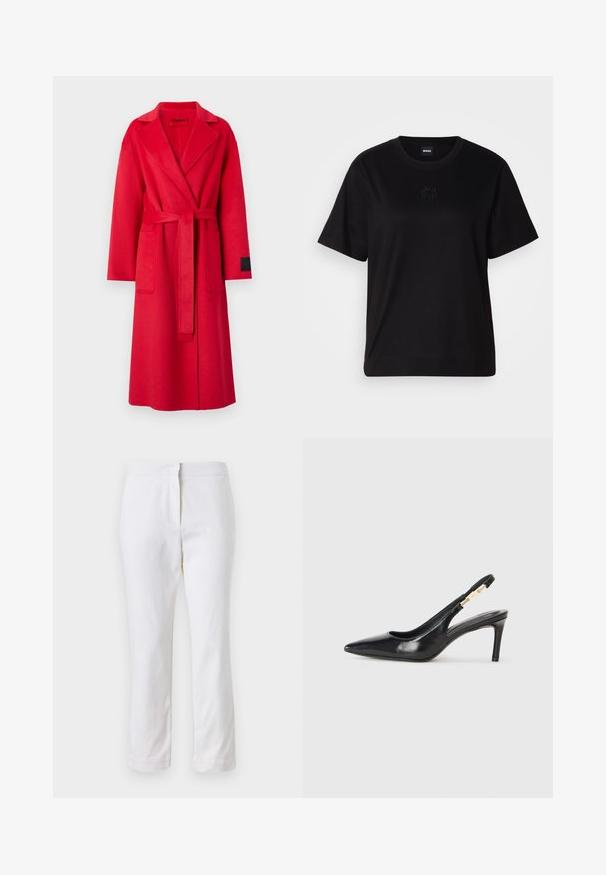 Červený vlněný kabát s klopami, dlouhými rukávy, odpovídajícím páskem a dvěma předními kapsami. Na rukávu je černá etiketa.; Černé bavlněné tričko s kulatým výstřihem, krátkými rukávy a vyšitým logem na hrudi. Jednoduchý, volný střih bez vzorů.; Bílé bavlněné kalhoty s rovnou nohavicou, s středně vysokým pasem a bez viditelných kovových prvků nebo vzorů. Hladká textura po celém povrchu.; Černý kožený sandál na vysokém podpatku s špičatou špičkou, hladkou texturou a úzkým páskem na kotníku s zlatými kovovými detaily.