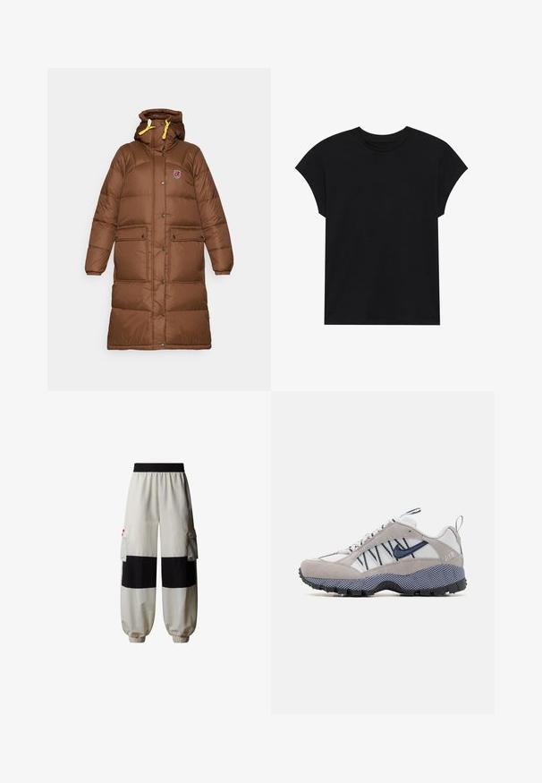 Palton gros maroș, lung, cu glugă, dotat cu închidere cu fermoar și capse, buzunare frontale și șnururi galbene pentru ajustarea glugii.; Tricou negru din bumbac, cu guler rotund, mâneci scurte și o croială lejeră. Textură fină și fără modele sau aplicații vizibile.; The North Face HIMALAYAN - Pantaloni cargo - white dune tnf black; Sneaker gri și alb, realizat din materiale suede și plasă, având o talpă din cauciuc, accente bleumarin și un design distinctiv al șireturilor.