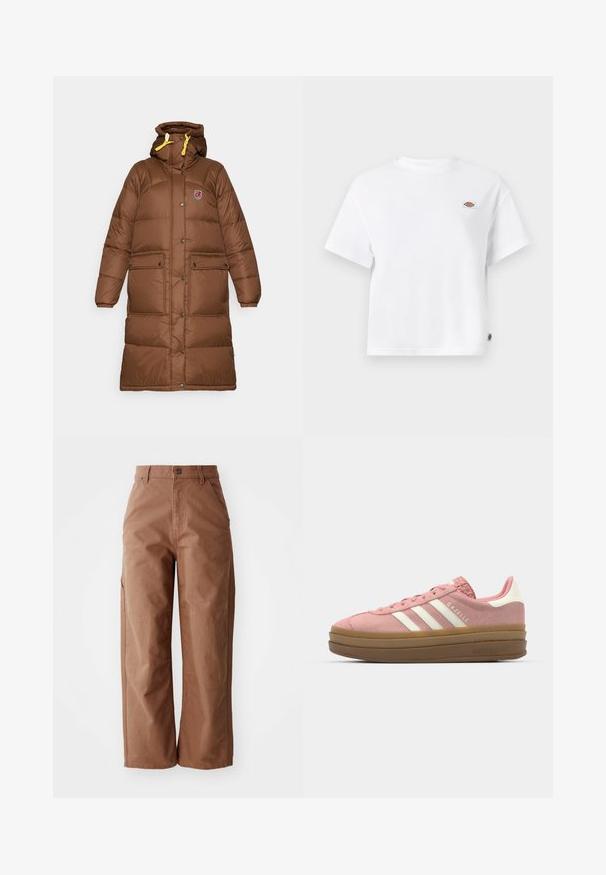 Brūna garā pūkainā mēteli ar kapuci, ar rāvējslēdzēju un pogām, priekšējām kabatām un dzeltenām auklām kapuces noregulēšanai.; Balta kokvilnas t-kreklā ar brīvu piegriezumu, kas ietver mazu logo uzlīmi uz krūtīm un birku sānos, lai pievienotu papildu detaļas.; Brūnas platas kāju bikses, izgatavotas no izturīga auduma. Tām ir augsts jostasvieds, priekšējās kabatas un smalki izšuvumi.; adidas Originals GAZELLE BOLD - Sporta apavi - mauve/off white
