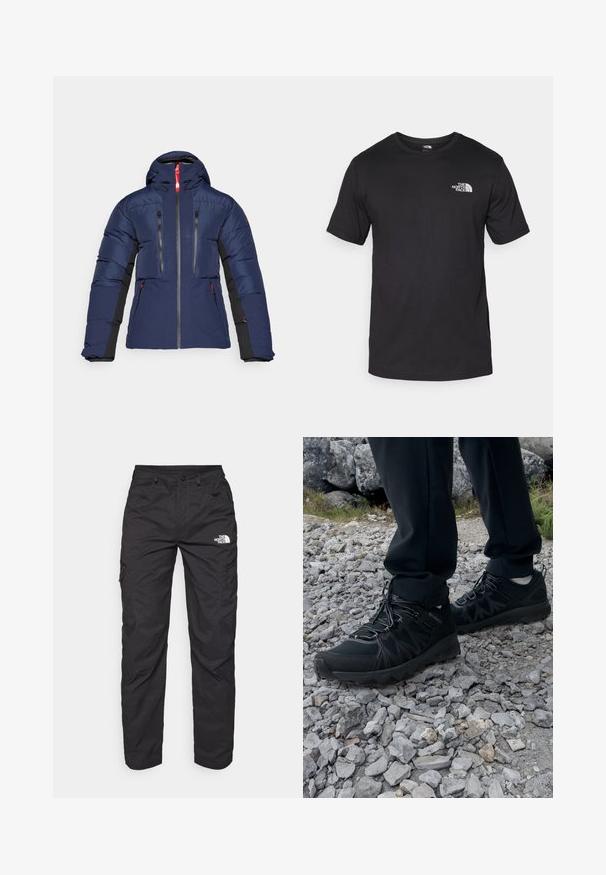 Marinefarbener Pufferjacke mit Kapuze, grauen Reißverschlüssen und roten Akzenten. Verfügt über zwei zipbare Brusttaschen und Seitentaschen mit schwarzen Ärmeln.; Schwarzes T-Shirt mit kurzen Ärmeln aus Baumwolle, mit einem runden Ausschnitt und einem kleinen weißen Logo auf der oberen linken Brust.; Schwarze Cargohosen aus leichtem Stoff. Mit seitlichen Reißverschlusstaschen und einem Logo am linken Oberschenkel. Gerade Beinform.; Schwarze Outdoor-Schuhe aus Mesh und synthetischem Material, mit einer strukturierten Oberseite, gesichertem Schnürsystem und griffiger Laufsohle, auf felsigem Gelände.