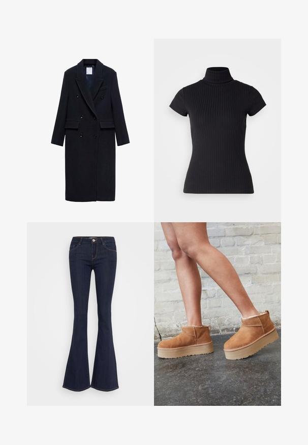 Mango Klasický kabát - royal blue; Čierny krátky rukáv turtleneck top vyrobený z rebrovaného materiálu, s úzkym strihom a vysokým golierom. Jednoduchý a textúrovaný vzor.; Tmavé denimové zvonové džínsy s priliehajúcim pásom, s predným zapínaním na gombík, päť vreckovým dizajnom a švom pozdĺž nohavíc.; Hnedé semišové kotníkové čižmy s mäkkou podšívkou, hrubou béžovou platformou a zadným pútkom na obutie. Textúrovaný povrch s viditeľnými švami.