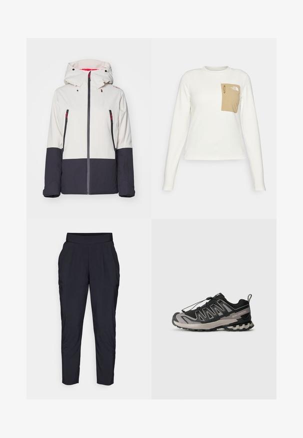 Bela in mornarsko modra snežna jakna s kapuco, ki ima žepe na zadrgo, kontrastno zasnovo panelov in rdeče poudarke za boljšo vidnost.; Bela srajca z dolgimi rokavi iz teksturiranega blaga z bež žepom, ki ima vrvico in logo.; Črne hlače s tapered krojem, širokim elastičnim pasom, sprednjimi gubami in stranskimi žepi. Narejene so iz gladkega, lahkega materiala.; Črne in sive športne čevlje z mrežasto zgornjim delom, gumijastim podplatom in elastiko za vezalke. Imajo ojačan prst in teksturirane detajle.