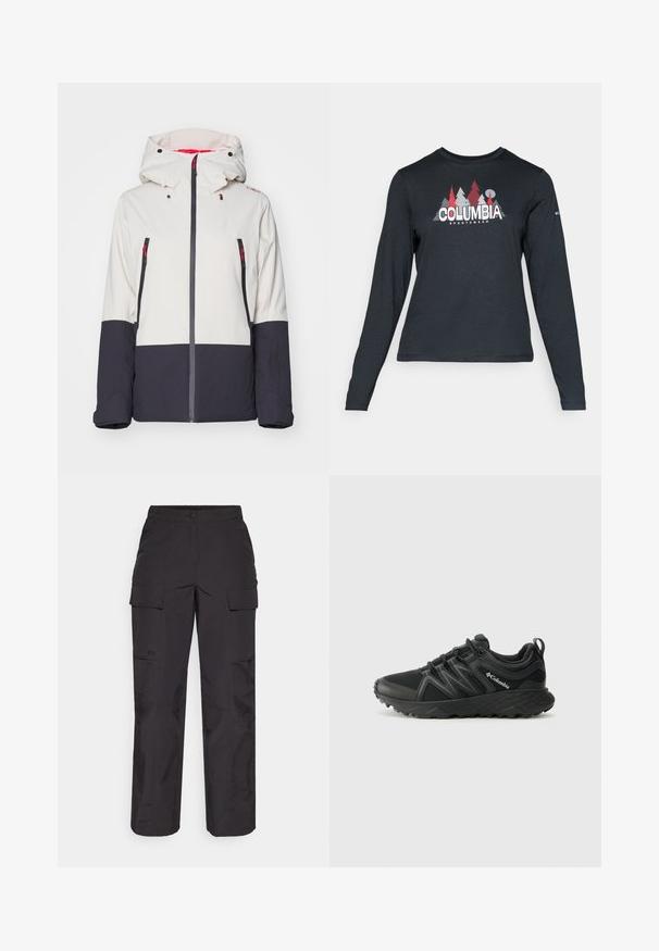 White and navy snow jacket with a hood, featuring zippered pockets, contrasting panel design, and red accents for visibility.; Long-sleeve dark gray shirt with a graphic of red trees and mountains; "COLUMBIA" logo in bold white text. Soft fabric, standard crew neck.; Black cargo pants made of durable fabric, featuring multiple side pockets, a button closure, and a loose fit with straight legs.; Columbia PEAKFREAK - Hiking shoes - black
