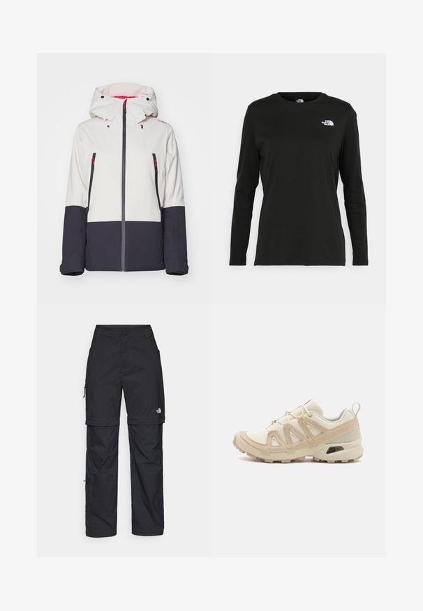 Biely a námornícky snehový kabát s kapucňou, s vyšívanými vreckami, kontrastným dizajnom panelov a červenými akcentmi pre viditeľnosť.; Čierne tričko s dlhým rukávom vyrobené z bavlny s okrúhlym výstrihom. Obsahuje malé biele logo na ľavej strane hrudníka. Jednoduchý dizajn a strih.; Čierne nylonové cargo nohavice s odnímateľnými nohavicami, nastaviteľnými manžetami, viacerými vreckami a logom na pravej nohe. Hladká, ľahká textúra.; Beige a krémová športová obuv s textúrovaným sieťovým zvrškom, podporujúcimi prekrytiami a gumovou podrážkou s dezénom pre trakciu.