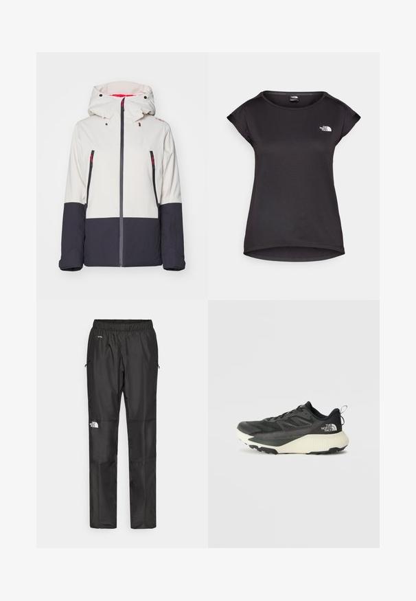 Balta ir tamsiai mėlyna sniego striukė su gobtuvu, turinti užtraukiamas kišenes, kontrastingo rašto dizainą ir raudonus akcentus matomumui.; The North Face TANKEN TANK - Sportiniai marškinėliai trumpomis rankovėmis - black; Juodi nepralaidūs vandeniui kelnių, pagamintų iš lengvos medžiagos, su elastingu juosmeniu, šoninėmis kišenėmis ir logotipu kairiajame šone.; Juodas sportinis batas su tekstūruota viršutine dalimi, su pilkomis detalėmis ir baltu viduriu. Apima pakėlimo juostelę ir ryškų prekės ženklo logotipą ant kulno.