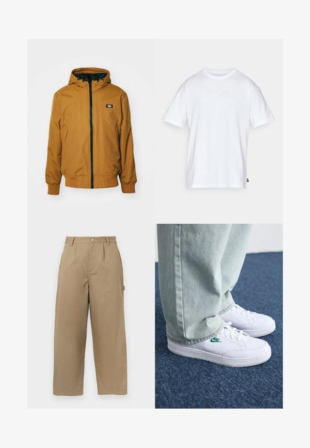 Dickies NEW SARPY JACKET - Light jacket - brown duck; White cotton t-shirt with short sleeves and a round neck. Features a small, subtle Nike logo on the chest and a side label.; Beige wide-leg trousers made of cotton blend, featuring a high waist, front pleats, and two side pockets with a button closure.; White leather sneakers with green Nike logo, round toe, flat sole, paired with light blue denim pants, shown on a blue carpet.