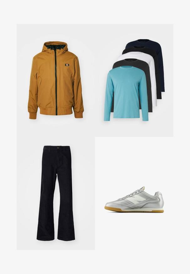 Dickies NEW SARPY JACKET - Light jacket - brown duck; Five long-sleeve T-shirts in a row: turquoise, black, white, dark gray, and navy blue. Soft fabric with crew neck design and standard fit.; Black, cotton flared pants with a traditional waistband, single front button, and pockets at the sides and back. Smooth texture.; Silver athletic shoe with a smooth, shiny surface, white logo on the side, textured gray laces, and a gum rubber sole.