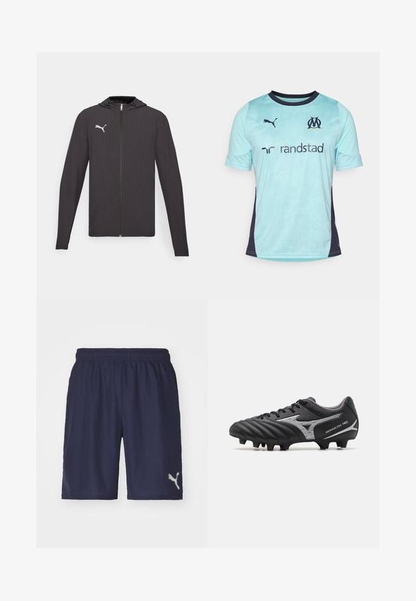 Black hooded jacket with a textured pattern, full zip front, and a small white logo on the left chest. Long sleeves and a casual fit.; Light blue short-sleeve football shirt with dark navy accents, featuring a textured pattern, crew neckline, and logos on chest and sleeves.; Navy athletic shorts made of lightweight fabric, featuring an elastic waistband and a reflective logo on the lower left side.; Black soccer cleat with a textured synthetic upper, silver accents, and a lace-up design. Features a molded sole with visible studs for traction.