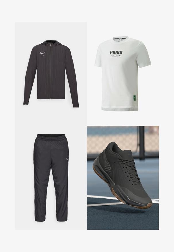 Svart huva jacka med ett strukturerat mönster, full dragkedja framtill och en liten vit logotyp på vänster bröst. Långa ärmar och en avslappnad passform.; Vit bomull t-shirt med svarta "PUMA"- och "MINECRAFT"-logotyper på framsidan, med en grön Minecraft Creeper-emblem vid fållen.; Svart sportbyxor i slätt, lätt material. Har resår i midjan och en liten vit logotyp på vänster sida.; Svart sportskor med en slät syntetisk ovandel, strukturerade detaljer och en sula i gummigummi, designad för prestanda och komfort.