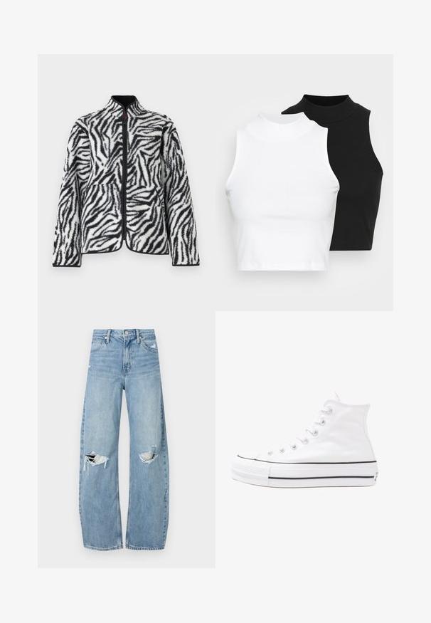 Fliisjakker, millel on must-valge zebra muster, kõrge krae, eesmine tõmblukk ja küljetaskud musta äärega.; Kaks musta ja valget ilma varrukat ribikrae topi, millel on sobiv disain ja sile tekstuur, ning lühikesed pikkused.; Heledad hallideega sinised teksad, millel on kõrge talje. Teksade jalgadel on lai alus, kaks rebitud kohta põlvede ümber ning klassikaline viie tasku stiil.; Valge kõrgem kangast tenniseking, millel on must kummist tald, ees kummist varvasetugi ja kuus aukku paelte jaoks, pakkudes puhta ja minimalistliku disaini.