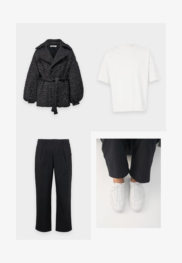 Melnā izšūta mētelis ar jostu, ar teksturētu ziedu rakstu, plašiem atlokiem un apjomīgām piedurknēm, izgatavots no viegla materiāla.; Balts īsām piedurknēm T-krekls, kas izgatavots no mīkstas auduma. Apaļš kakla izgriezums, brīvs piegriezums un vienkāršs dizains bez rotājumiem vai rakstiem.; Melnas bikses ar taisnu piegriezumu, priekšpusē ar krokām, pogu aizdari un gludu auduma tekstūru.; Baltas ādas sporta apavi ar gludu tekstūru, apaļu purngalu un klasisku auklu sistēmu, novietoti virs tumšām, brīvi pieguļošām biksēm.