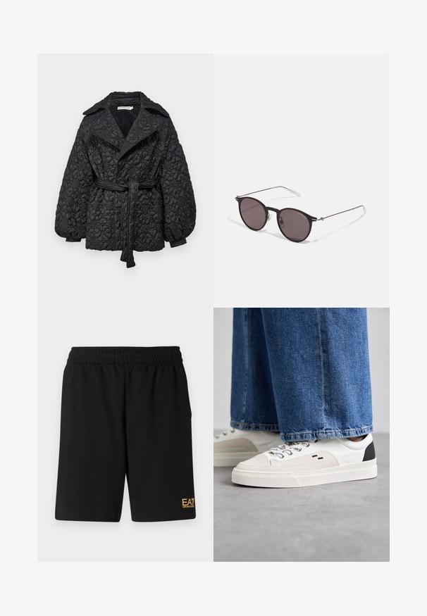 Cappotto trapuntato nero con cintura, caratterizzato da un motivo floreale texturizzato, ampie revers e maniche voluminose, realizzato in materiale leggero.; T-shirt in cotone nero con scollatura rotonda, maniche corte e logo "EMPORIO ARMANI" in bianco sopra "Milano" in una disposizione curva.; Pantaloni sportivi neri realizzati in tessuto morbido, con vita elastica e un piccolo logo EA7 giallo sulla parte bassa della gamba sinistra.; Sneaker bianche e nere con parte superiore in pelle liscia, dettagli testurizzati e suola bianca spessa. Presentano un classico design con lacci.; Occhiali da sole neri rotondi con lenti scure e sottili bracci in metallo. Include punte trasparenti e accenti argentati alla cerniera. Design minimalista.