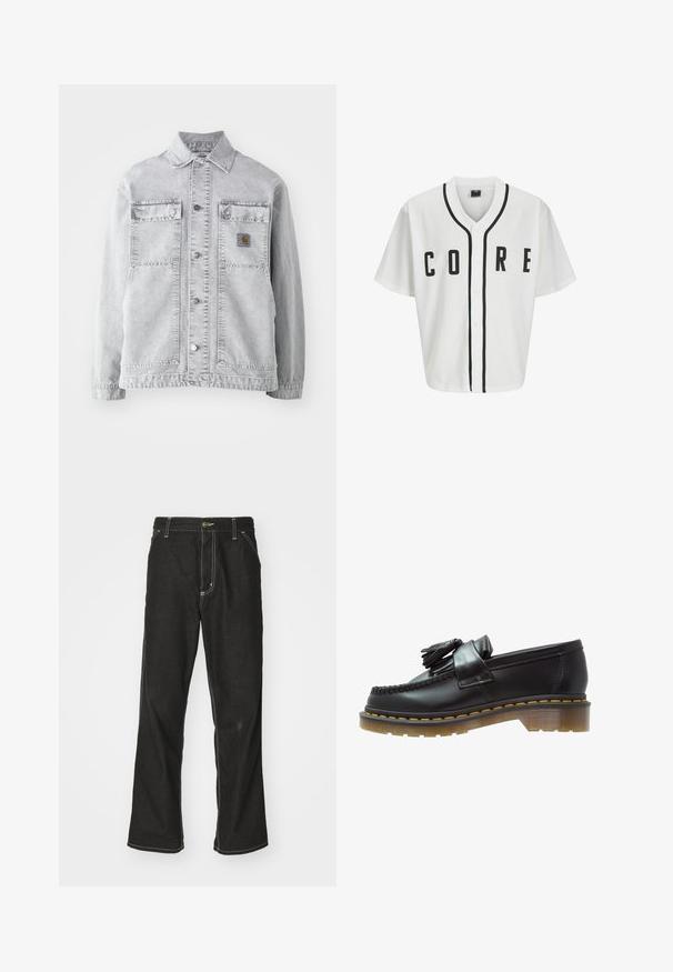 Giubbotto in denim grigio chiaro con colletto a punta, due tasche frontali, bottoni a pressione e una sottile etichetta con logo sul petto.; Maglietta in stile baseball bianca con maniche corte, bottoni neri sul davanti e scritta "CORE" in nero in evidenza. Presenta rifiniture in nero lungo il colletto.; T-shirt bianco di cotone a maniche lunghe con collo a girocollo, caratterizzato da un piccolo logo giallo e borgogna sul lato sinistro del petto. Polsini e orlo senza cuciture.; Jeans in denim nero con una vestibilità ampia, caratterizzati da cuciture bianche a contrasto, chiusura a bottone e un design a gamba dritta.; Mocassini in pelle nera con finitura testurizzata, caratterizzati da un pon-pon decorativo e cuciture gialle a contrasto, su una suola spessa e trasparente.