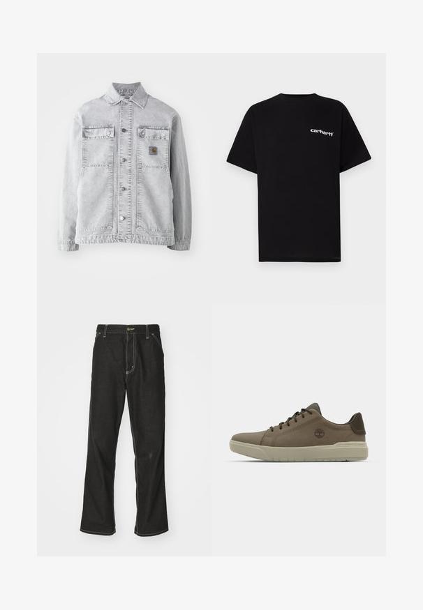 Svijetlosivi traper jakna s točkom kragnom, dva prednja džepa, kopčama na pritiskanje i suptilnom logom na prsima.; Crna pamučna majica kratkih rukava, s okruglim izrezom i bijelim logotipom "Carhartt" na lijevoj strani prsa. Glatka tekstura, minimalistički dizajn.; Crne traperice s opuštenim krojem, s kontrastnim bijelim šavovima, zakovicom za zatvaranje i ravnim nogavicama.; Smeđi kožni patike niskog profila, s gumenim potplatom i zelenim akcentima; imaju logo sa strane i teksturirane panele za bolji grip.