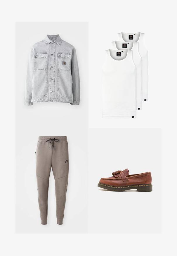 Svetlo siva traper jakna z ovratnikom, dvema sprednjima žepoma, pritisnimi gumbi in subtilnim logotipom na prsih.; Tri bele rebraste majice brez rokavov iz bombaža. Imajo okroglo izreza in majhne črne etikete blizu roba. Na voljo v več velikostih.; Sive Nike trenirke z vrvico v pasu, pripete noge, stranske žepke in izrazitim šivom. Mehka, teksturirana tkanina.; Rjavi usnjeni mokasin s dodatki v obliki resic, teksturirana površina in kontrastne rumene šive ob črnem gumenem podplatu. Stranska perspektiva.