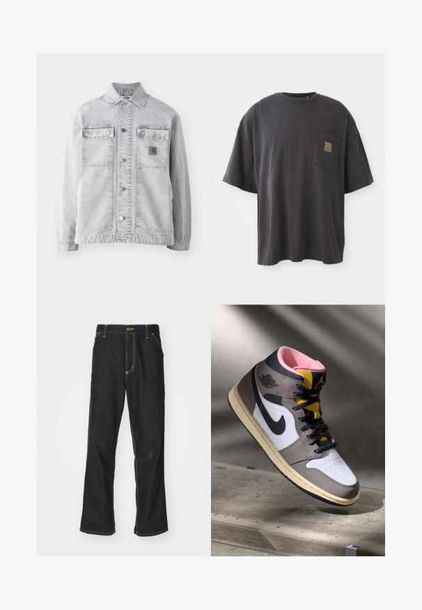 Svijetlosivi traper jakna s točkom kragnom, dva prednja džepa, kopčama na pritiskanje i suptilnom logom na prsima.; Crna pamučna majica s kratkim rukavima, okruglim izrezom i džepom na lijevoj strani grudnog koša s kvadratnom oznakom. Jednostavan i neukrašen dizajn.; Crne traperice s opuštenim krojem, s kontrastnim bijelim šavovima, zakovicom za zatvaranje i ravnim nogavicama.; Visoke Nike Air Jordan tenisice u bijeloj, sivoj i crnoj boji s ružičastim unutrašnjim dijelom i žutim jezikom, postavljene na betonskoj površini.