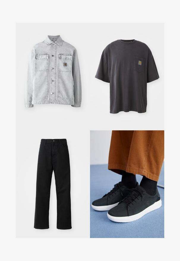 Svetlo šedá denimová bunda s ležérnym golierom, dvoma prednými vreckami, patentkami a diskrétnou nášivkou loga na hrudi.; Čierne bavlnené tričko s krátkymi rukávmi, okrúhlym výstrihom a vreckom na ľavej hrudi s štvorcovou nášivkou loga. Jednoduchý a nenáročný dizajn.; Čierne denimové nohavice so rovným strihom, vystúpené predné vrecká, zips a jedno horné gombík. Štruktúrovaná tkanina s matným povrchom.; Čierne zamatové tenisky s bielymi gumovými podrážkami, so šnurovacím dizajnom, textúrovanými akcentami a decentným brandingom, skombinované s hnedými nohavicami.