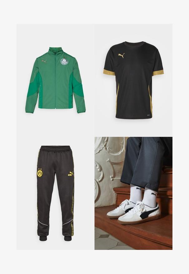 Grüne PUMA-Jacke mit hohem Kragen, Reißverschluss und Logo auf der Brust. Glatte Oberfläche mit kontrastierenden dunkleren grünen Einsätzen.; Schwarzes Sport-T-Shirt mit goldenen Akzenten an denÄrmeln und an der Seite. Verfügt über einen Rundhalsausschnitt, kurze Ärmel und feuchtigkeitsableitendes DRYCELL-Gewebe.; Schwarze Sporthose mit gelben Borussia Dortmund BVB 09- und Puma King-Logos, elastischem Bund und gemusterten gelben Seiteneinsätzen.; Puma-Sneaker aus weißem und schwarzem Wildleder mit einer braunen Gummisohle. Kombiniert mit weißen Socken, die ein schwarzes Logo zeigen, getragen zu dunklen Hosen.