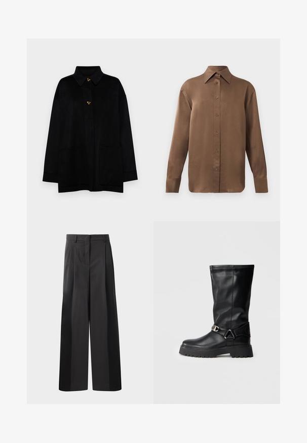 AERON CRANE JACKET - Klassikaline mantel - black; Pruun pikkade varrukatega nööbitav särk terava krae ja mansettidega, esitatud lihtsa valge tausta ees.; Mustad laiad püksid kõrge vöökohaga, millel on ees voldid, sile tekstuur ja õmmeldud viimistlus. Kujundatud lõdva istuvuse saavutamiseks.; Mustad kuni põlvedeni saapad, mis on valmistatud siledast nahast, külgedel on pealmise aktsendina pandla ning paksem, tekstuuriga talla osa, mis tagab haarde.