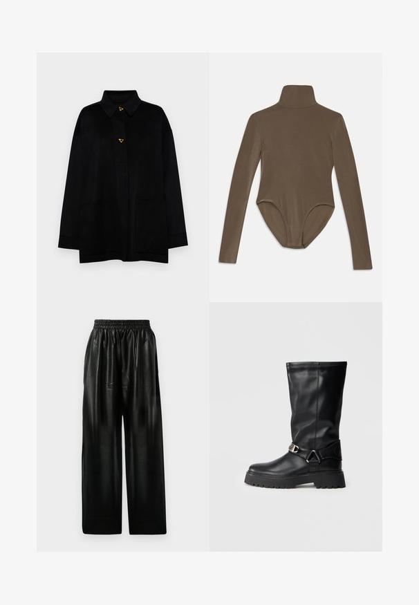 AERON CRANE JACKET - Cappotto classico - black; Body a maniche lunghe in tessuto marrone scuro, con colletto alto, superficie liscia e design a scollo profondo sul retro, caratterizzato da una vestibilità aderente.; Pantaloni ampi in pelle nera con vita elastica, dotati di due tasche laterali e una texture liscia e lucida.; Stivali neri al ginocchio realizzati in pelle liscia, con un'applicazione a fibbia sul lato e una suola spessa e testurizzata per una migliore aderenza.