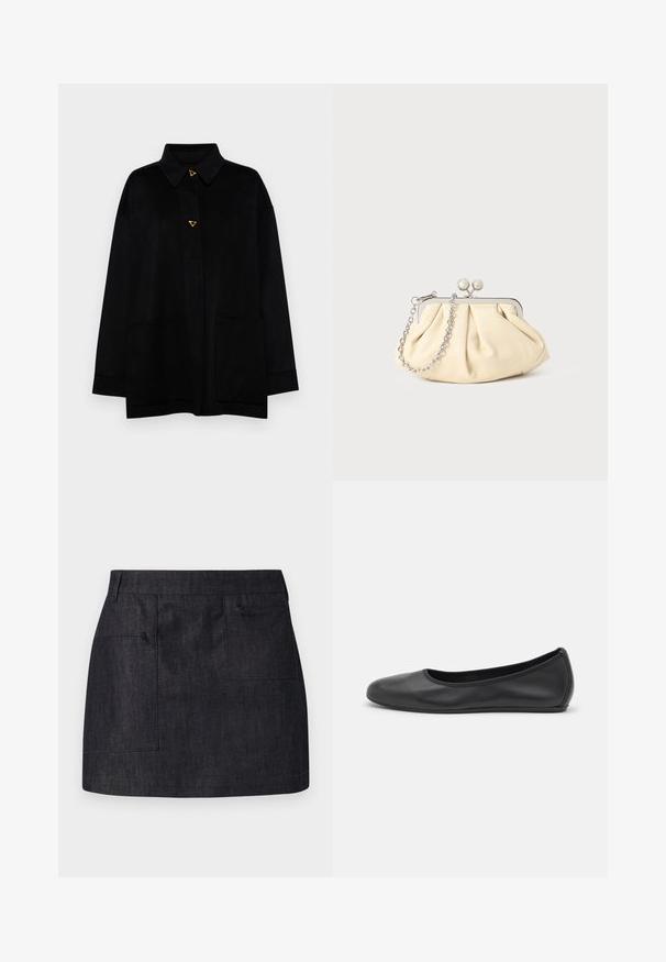 AERON CRANE JACKET - Klasszikus kabát - black; Fehér, hosszú ujjú, garbós póló, a nyakán egy kis "Tiger of Sweden" címkével, egyszínű háttér előtt.; Sötét farmer szoknya egyenes szabással, két elülső zsebbe és finom textúrába ágyazva. Tiszta szegély és standard derékpánt kialakítás.; Fekete bőr balettcipő lekerekített orral, sima tekstúrával, minimális varrással és rugalmas talp kialakítással.; Pleátolt bézs bőr válltáska ezüst fém kerettel, két kerek díszcsattal és ezüst lánc pánttal.