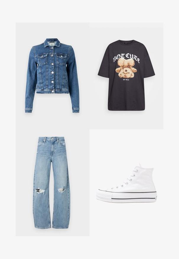 Denim jakna u srednjoj plavoj boji s klasičnim dizajnom, pet dugmadi, dva džepa na grudima i dugim rukavima. Ima blago izlizanu teksturu.; Crna oversized majica s grafikom medvjeda i natpisom "NIJE SLATKO, ALI DIVLJE" u podebljanim, bijelim slovima. Pamuk.; Svijetloplave, visoko-strukirane traperice. Imaju široke nogavice, dva razderana područja na koljenima i klasičan stil s pet džepova.; Bijela visoka platnena tenisica s crnom gumenom potplatom, prednjim gumenim zaštitnikom prstiju i šest rupa za vezanje, s čistim, minimalističkim dizajnom.