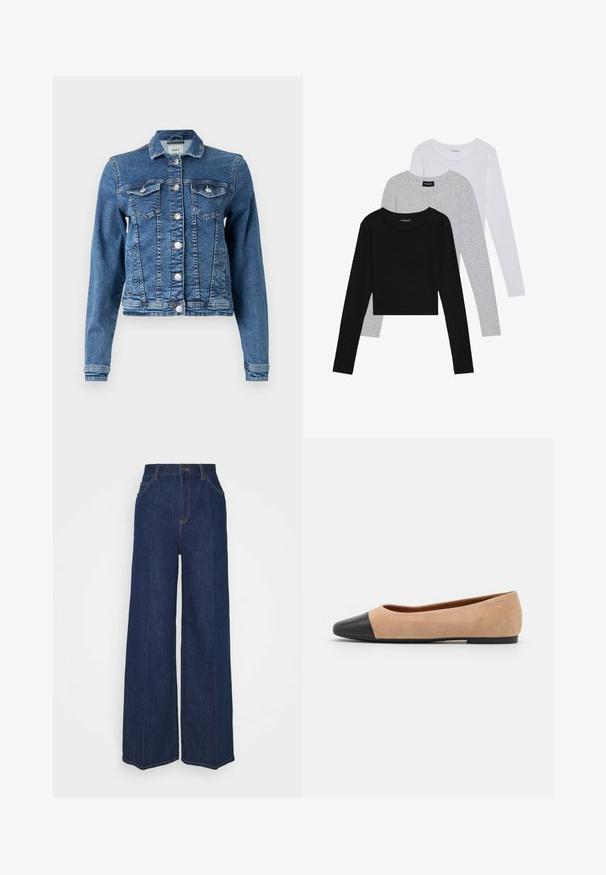 Denimtakki keskisinisessä sävyssä klassisella muotoilulla, viisi nappia, kaksi rintahuppua ja pitkät hihat. Sisältää hieman kuluneen tekstuurin.; Kolme pitkähihasta paita päällekkäin: musta, harmaa ja valkoinen. Jokaisessa on pyöreä pääntie ja lyhennetty muotoilu, jossa on sileä ja kevyt kangas.; Tummat siniset farkut, joissa on korkea vyötärö ja leveät lahkeet, etu- ja takataskut, nappisulku ja näkyvät ompeluyksityiskohdat.; Beige mokkasiner i semsket skinn med svart lær ved tuppen, lav hæl og glatt tekstur, med minimal søm og et rent design.