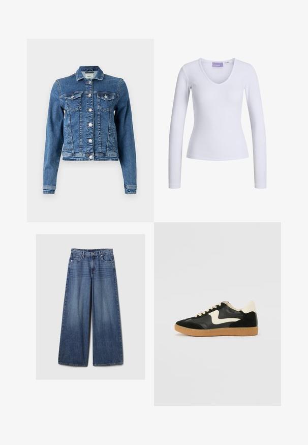 Chaqueta de mezclilla en azul medio con un diseño clásico, cinco botones, dos bolsillos en el pecho y mangas largas. Presenta una textura ligeramente desgastada.; Camiseta blanca de manga larga con textura acanalada y diseño de escote en V. Etiqueta visible en el interior del cuello con el nombre de la marca "JJXX."; Jeans de mezclilla azul de pierna ancha con un acabado desgastado, que cuentan con un cierre de botón y cremallera, cinco bolsillos y cinturas.; Zapatillas de deporte de ante y cuero negro con un swoosh lateral en crema y un talón en crema claro. Presenta cordones beige y una suela de goma marrón.