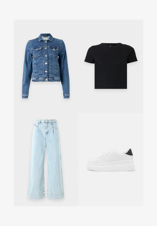 Keskmiselt sinine teksajakk klassikalise disainiga, viie nupuga, kahe rinna taskuga ja pikkade varukatega. Omab veidi kulumist meenutavat tekstuuri.; Must musta särk lühikeste varrukatega, valmistatud pehmest puuvillast. Omab ümarat kaelust ja kergelt liibuvat disaini. Sile tekstuur ilma mustrite või aksessuaarideta.; Heledad sinine laiad teksad, mis on valmistatud denimist, kõrge talje, esi-taskud ja õmblustega kaunistused allservas.; Valged platvormsneakerid, mis on valmistatud siledast sünteetilisest materjalist, ovaalse toe, paelkinnise disaini ja tekstuurse kummitaldiga. Must kontsrihm.