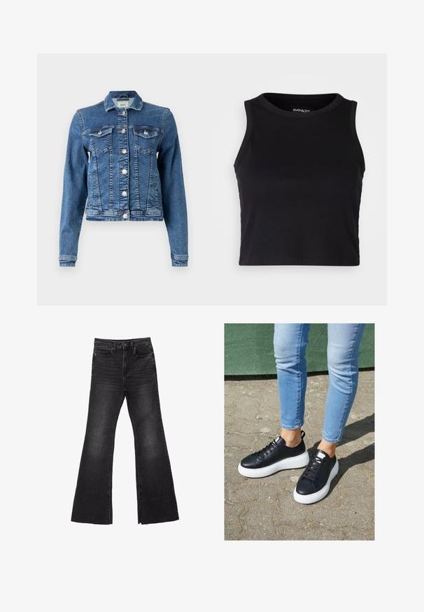 Giacca di jeans in blu medio con un design classico, cinque bottoni, due tasche sul petto e maniche lunghe. Presenta una texture leggermente usurata.; Top corto a costine nero con scollatura rotonda e design senza maniche. Realizzato in tessuto morbido ed elastico, presenta bordi rifiniti con cura.; Jeans in denim nero svasati con orlo grezzo, caratterizzati da un design a cinque tasche e chiusura a bottone. Realizzati in un tessuto resistente e testurizzato.; Sneaker in pelle nera con suole in gomma bianca, caratterizzate da una finitura liscia, punta arrotondata e lacci piatti. Indossati con jeans azzurri chiari.