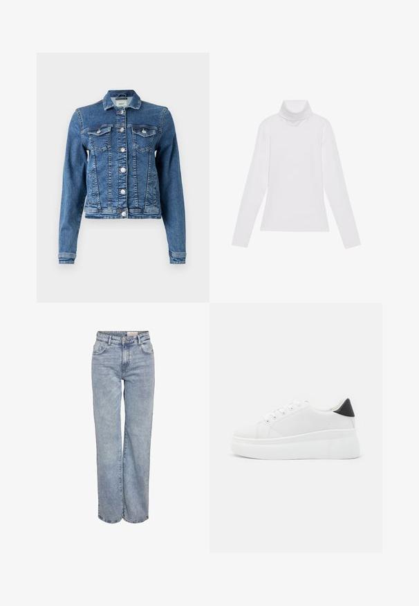 Denim jakna v srednji modri barvi s klasičnim dizajnom, petimi gumbi, dvema žepoma na prsih in dolgimi rokavi. Ima rahlo poškodovano teksturo.; Bela dolga majica s turtleneck ovratnikom, izdelana iz gladke, raztegljive tkanine. Ima visok ovratnik in prilega telesu, brez vidnih vzorcev ali okrasitev.; Svjetloplave široke traperice od denima, sa visokim strukom, dizajnom s pet džepova i suptilnim blijeđenjem za izgled nakon nošenja.; Bele platform tenisice izdelane iz gladkega sintetičnega materiala, z zaobljenim prstom, sistemom vezalk in teksturiranim gumijastim podplatom. Črn dodatek na peti.