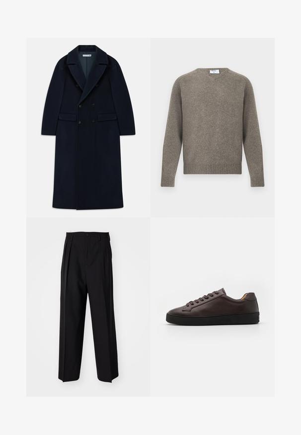 Tumedast sinine kahepaneelne pikk villane mantel laiate klappidega ja flapi taskutega, mis on mõeldud külmade ilmade jaoks.; Hall halli kudum, ümara kaelusega, soonikutega mansetid ja äär, pehme tekstuur, tehtud villaseguga, minimalistlik disain koos kaeluse lähedal oleva sildiga.; Mustad volditud püksid sirge ja laia säärega disainiga. Valmistatud siledast kangast, millel on nuppudega sulgemine ja vööaasad.; Pruun nahast spordijalats, millel on sile tekstuur, ümmargune varvas ja must kummist sola. Omab toniseerivaid paelu ja minimaliste disainielemente.