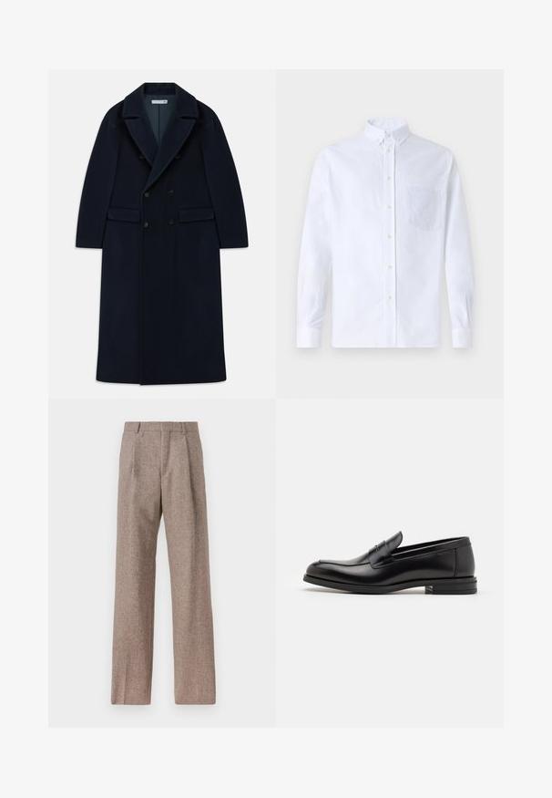 Cappotto lungo in lana doppiopetto di colore blu navy con ampi risvolti e tasche a pattina, progettato per il freddo.; Camicia bianca a maniche lunghe con bottoni, realizzata in cotone, caratterizzata da una tasca sul petto con ricamo tonale, colletto e polsini con bottoni.; Pantaloni marroni a vita alta realizzati in tessuto testurizzato. Presentano gambe ampie e due pieghe frontali per struttura. Rifinitura curata senza hardware visibile.; Mocassini neri in pelle con una texture liscia, punta arrotondata e una striscia decorativa sulla tomaia. Tacco basso impilato, design minimalista.