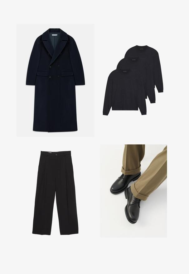 Sötétkék, dupla gombolású, hosszú gyapjúkabát széles hajtókákkal és zsebekkel, hideg időjárásra tervezve.; Három fekete, hosszú ujjú, puha anyagból készült póló, kerek nyakkivágással és feszes mandzsettával. Minimalista dizájn, látható minták nélkül.; Fekete, bő szárú nadrág sima anyagból, lapos derékpánttal, elülső redőkkel és egy gombos záródással.; Fekete bőröntyös cipők sima felülettel, fűzővel és kerek orral, feltekerhető khaki nadrággal párosítva.