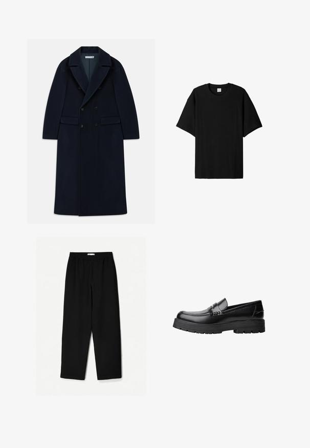Námořnicky modrý dlouhý vlněný kabát s dvojitým zapínáním, širokými klopami a klopovými kapsami, navržený pro chladné počasí.; Černé krátké rukávy s žebrovaným vzorem, kulatým výstřihem a volnějším střihem, s texturovaným povrchem. Jednoduchý design; bez grafiky nebo akcentů.; Černé kalhoty s širokými nohavicemi vyrobené z lehkého materiálu. Mají elastický pas a hladkou texturu. Bez viditelných vzorů nebo kovových detailů.; Černé kožené mokasíny s masivní podrážkou a dekoračním páskem přes horní část, zobrazené v levém bočním profilu na bílém pozadí.