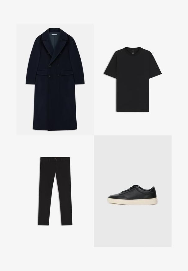 Cappotto lungo in lana doppiopetto di colore blu navy con ampi risvolti e tasche a pattina, progettato per il freddo.; Maglietta nera a maniche corte realizzata in un morbido misto cotone, con scollatura a girocollo e un design minimalista senza motivi o dettagli.; Pantaloni neri realizzati in tessuto con una superficie liscia. Presentano una chiusura con bottone, passanti per cintura e tasche laterali. Design a gamba dritta standard.; Sneaker in pelle nera a basso profilo con lacci neri e suola avorio, mostrato di profilo su sfondo bianco.