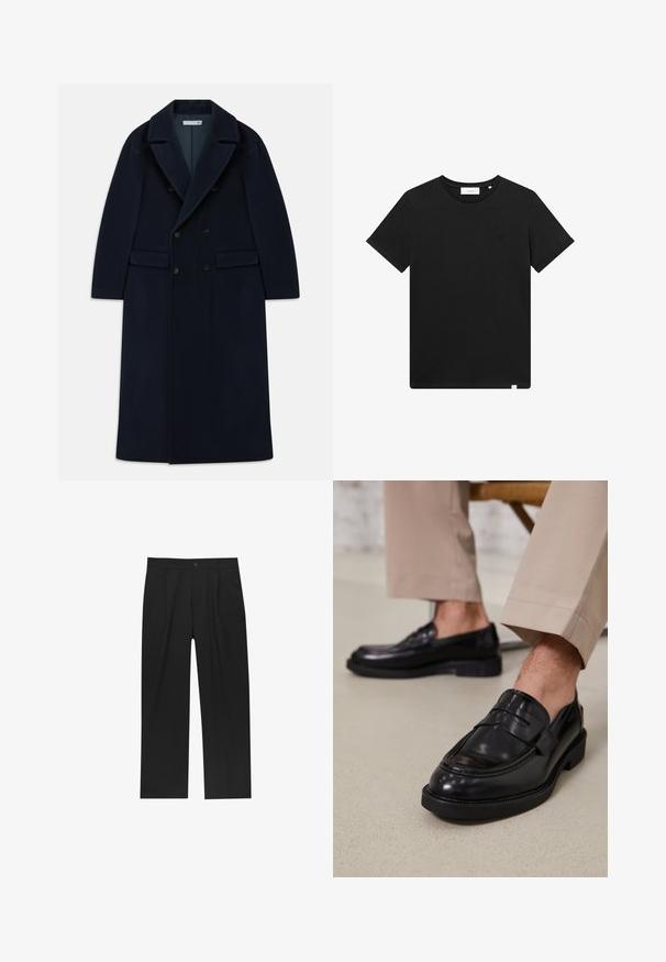 Sötétkék, dupla gombolású, hosszú gyapjúkabát széles hajtókákkal és zsebekkel, hideg időjárásra tervezve.; Fekete rövid ujjú pamut póló, kerek nyakkal és egy kis géppel hímzett logóval a mellrészen. Sima tapintás, szabványos illeszkedés.; Fekete nadrág egyenes szárú kialakítással, sima anyagból készült. Elöl redők és egy gombos záródás található a derékon.; Fekete bőr loaferek sima felülettel, díszítő pánttal és kontrasztos varrással, bézs nadrággal párosítva.