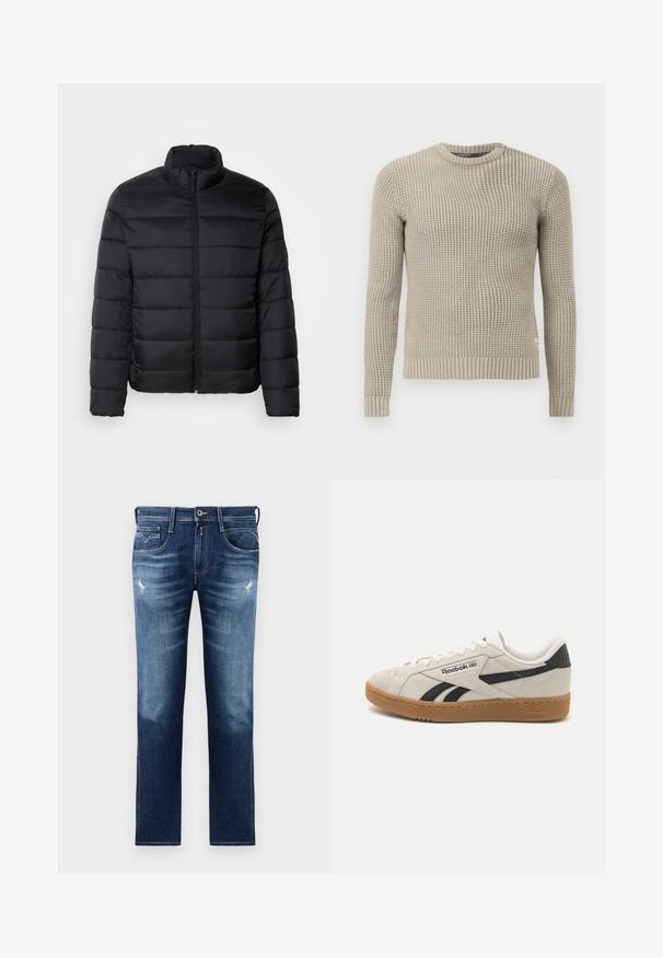 Schwarze Puffjacke mit hohem Kragen, gestepptem Design, durchgehendem Reißverschluss und langen Ärmeln. Glattes, glänzendes Material mit minimalistischem Look.; Beige gestrickter Pullover mit langen Ärmeln, gerippten Bündchen und Saum, Rundhalsausschnitt, strukturiertem Muster, aus weichem Material hergestellt.; Blaue Denim-Jeans mit regulärer Passform, ausgestattet mit einer verwaschenen Optik, leichten Gebrauchsspuren, fünf Taschen und Kontrastnähten. Knopfverschluss am Bund.; Reebok-Sneaker aus beigem Wildleder mit schwarzen Akzenten. Sie verfügen über eine Gummilaufsohle, traditionelle Schnürung und einen gepolsterten Kragen für Komfort.