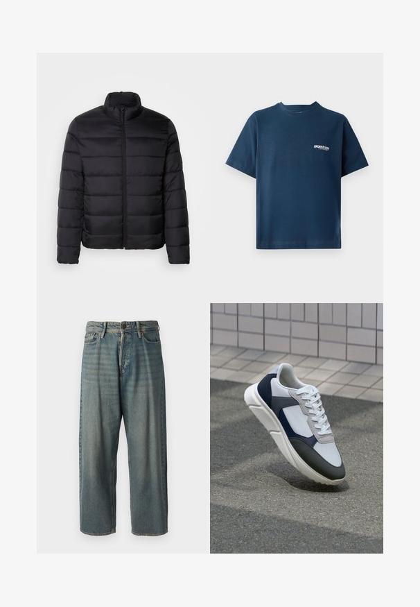 Crna puf jakna s visokim ovratnikom, kviltanom dizajnu, punim prednjim zatvaračem i dugim rukavima. Glatka, sjajna tkanina s minimalističkim izgledom.; Tamno plavi pamučni majica s kratkim rukavima i okruglim izrezom. Ima mali bijeli logo na lijevoj strani prsnog područja. Mekana tekstura.; Svijetloplave traperice s širokim krojem, srednjim pojasom i ravnim nogavicama. Ima pet džepova, petlje za remen i kopčanje na gumb.; Bijela, mornarsko plava i siva tenisica s dizajnom od miješanih materijala, koja ima teksturirani gornji dio, ravne vezice i udoban đon.